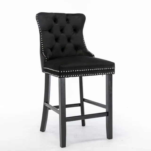 Merax Velours Barstoelen Set van 2 – Zwarte Barkrukken met Knopenpatroon - Houten Poten en Chrome Nagelrand – Luxe Wingback Design
