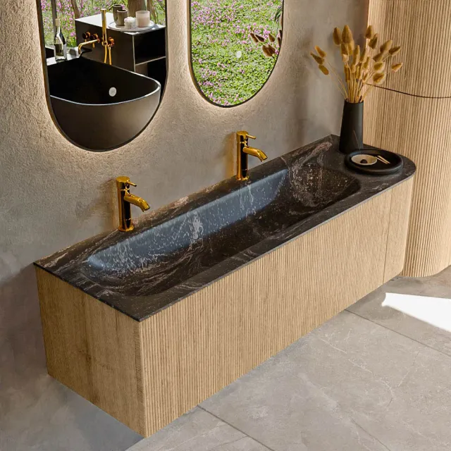 Mondiaz KURVE-DLUX 145 cm Onderkast Greeploos 1 Lade Met Deuren Oak, Wastafel Solid Surface Links Lava 2 Kraangaten Zonder Spiegel (KRVBGL145R1L1D2KL-Oak/Lav)