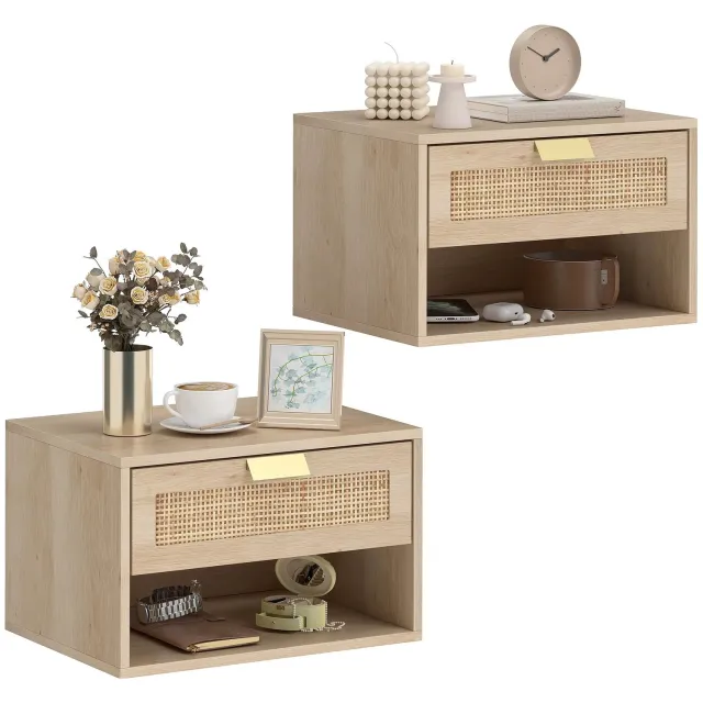 CreateEcom nachtkastje - nachtkastjes set van 2 - zwevend nachtkastje - bedside table - slaapkamernachtkastjes met rotan lade - open plank - ruimtebesparend - Scandinavisch design - 40X30X25 cm - eiken