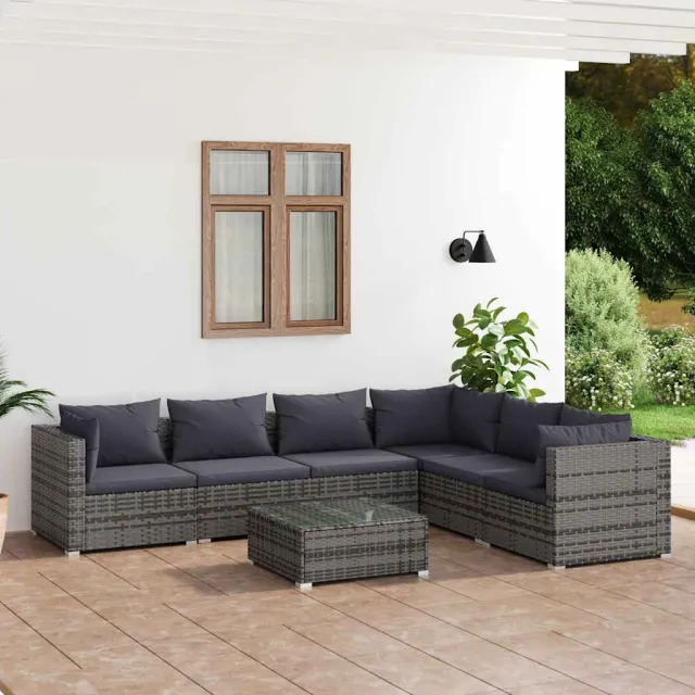 vidaXL 7-delige Loungeset met kussens poly rattan grijs, foto 2