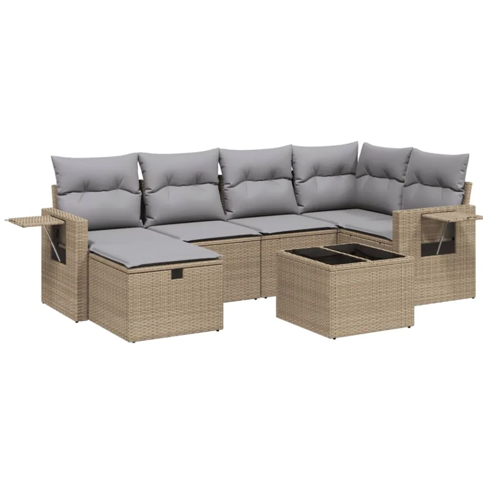 vidaXL 7-delige Loungeset met kussens poly rattan gemengd beige