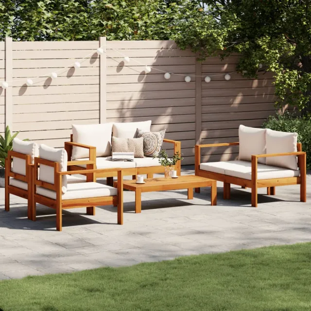 vidaXL 5-delige Loungeset met kussens massief acaciahout crème, foto 2