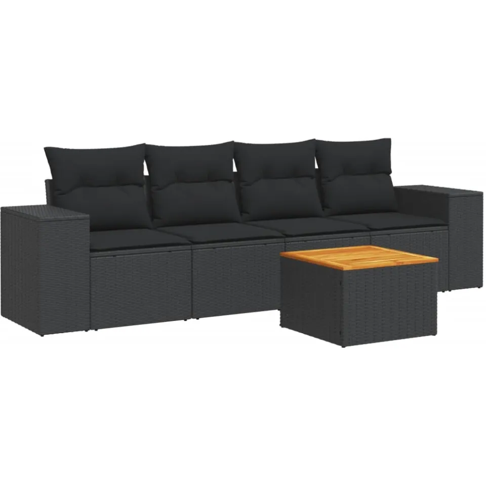 vidaXL 5-delige Loungeset met kussens poly rattan zwart, foto 3