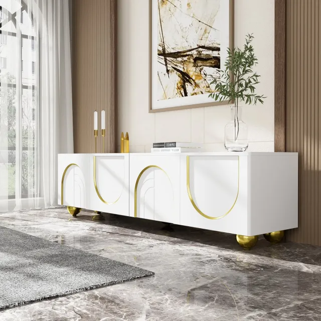 MODENUIT Tv-meubel - 4 Deuren Met Push-to-Open En Planken - Voor Woonkamer - Spaanplaat Wit Met Goud - 170x38x44 Cm Wit en Goud
