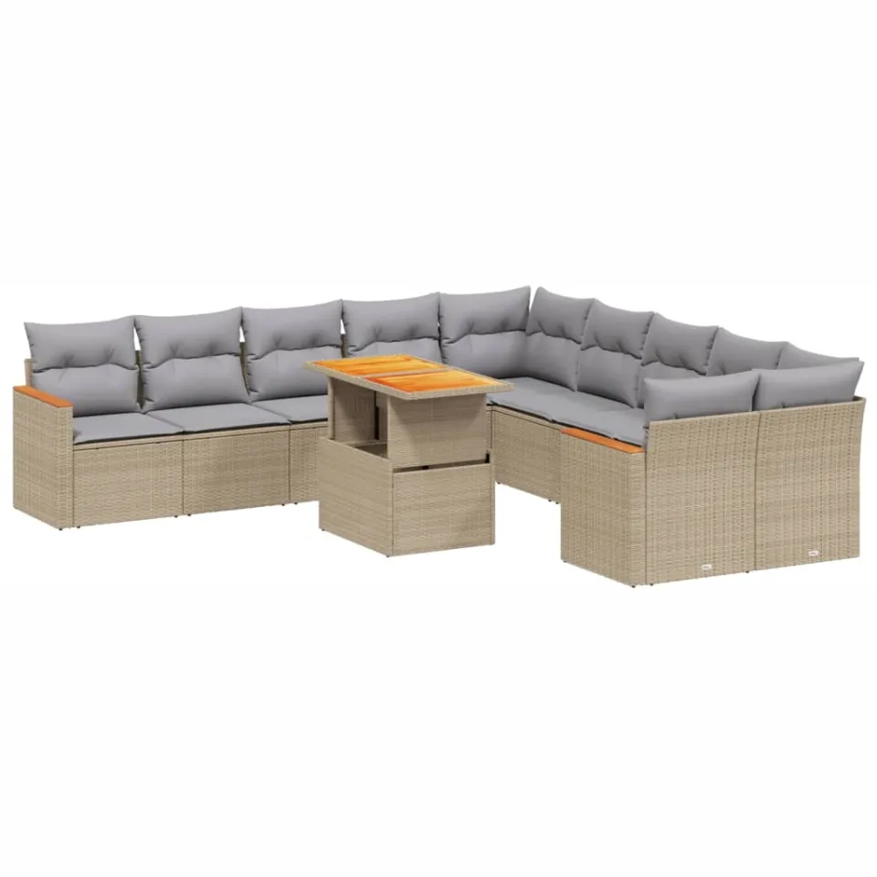 vidaXL 11-delige Tuinset met kussens poly rattan beige, foto 3