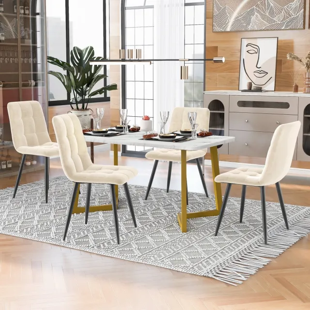 MODENUIT Eettafelset Rechthoekig - 1 Tafel en 4 Stoelen - Voor Keuken en Eetkamer - MDF en Fluweel - Beige