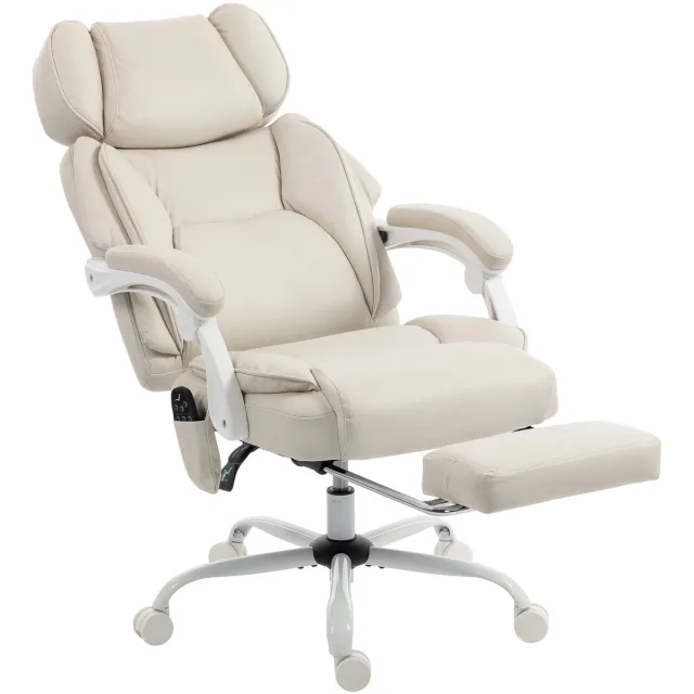 NordHaus Ergonomische Bureaustoel - Massage Bureaustoel - Directiestoel - Verwarming en Voetsteun - Crème Wit