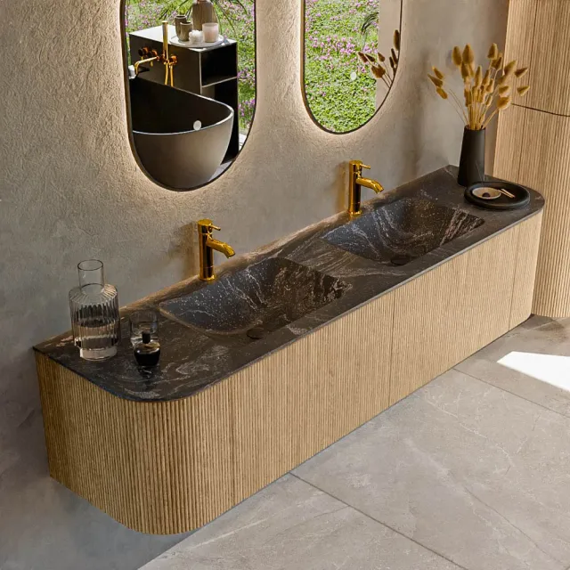 Mondiaz KURVE-DLUX 180 cm Onderkast Greeploos 2 Lades Met Deuren Oak, Wastafel Solid Surface Dubbel Lava 0 Kraangaten Zonder Spiegel (KRVLEA180L+R2L2D0KD-Oak/Lav)