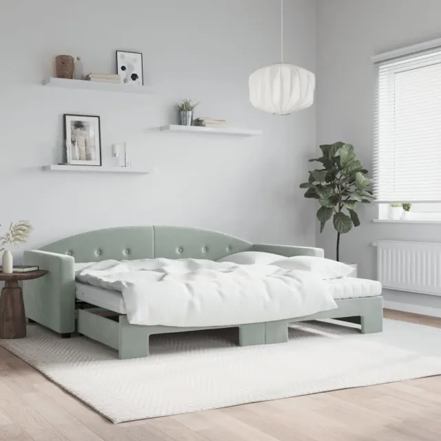 vidaXL Slaapbank onderschuifbed matrassen 90x200 cm fluweel lichtgrijs