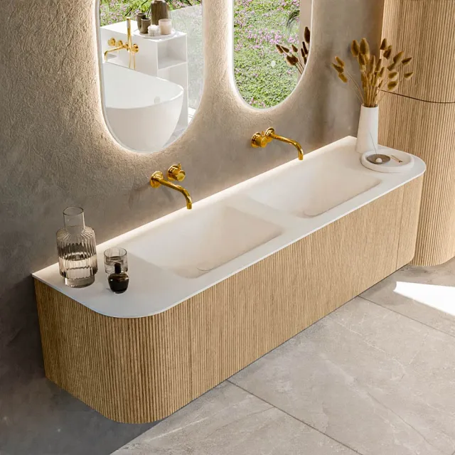 Mondiaz KURVE 170 cm Onderkast Greeploos 1 Lade Met Deuren Oak, Wastafel Solid Surface Dubbel Talc 0 Kraangaten Zonder Spiegel (KRVCLO170L+R1L2D0KD-Oak/Tal)