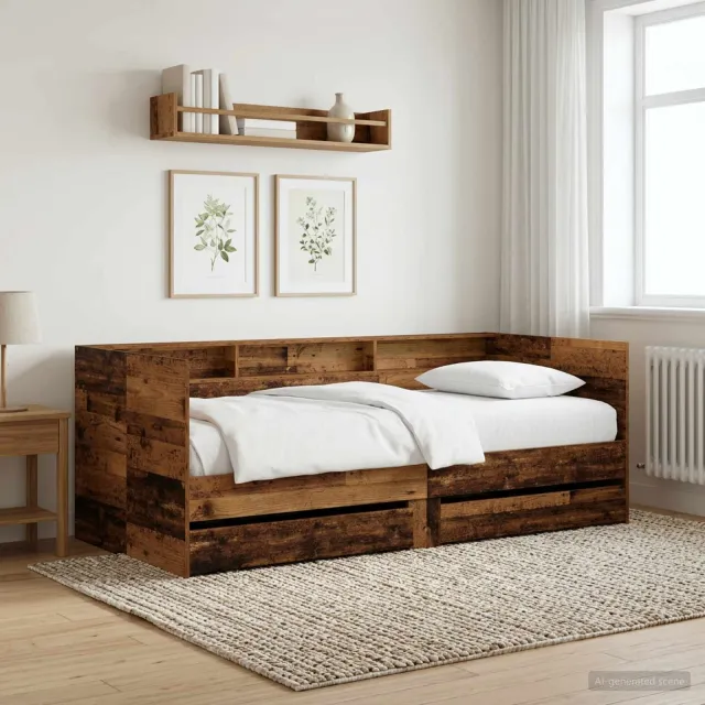 vidaXL Dagbed met lade met plank met hoofdeinde Oud hout Bewerkt hout Bruin