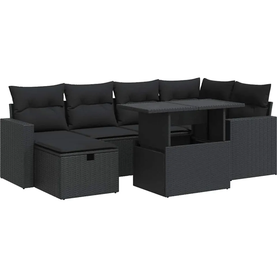 vidaXL 7-delige Loungeset met kussens poly rattan zwart, foto 3