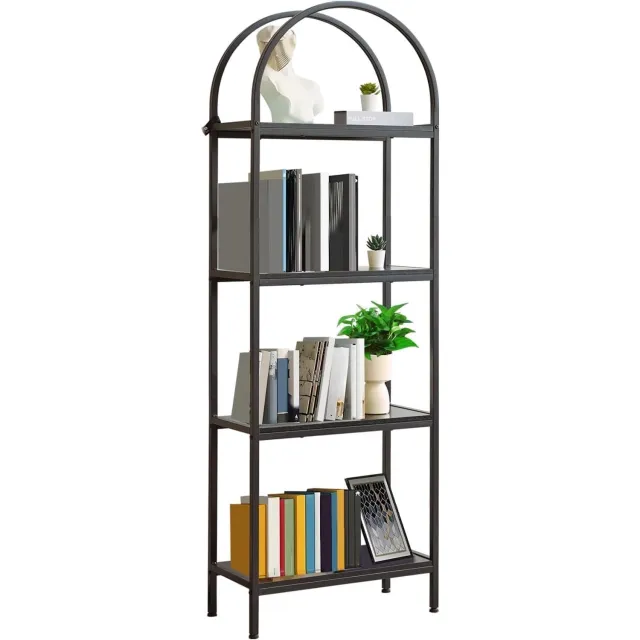 HOERFURIY Boogvormige boekenkast 4 planken MDF, zwart frame en zwarte platen, voor thuisorganisatie