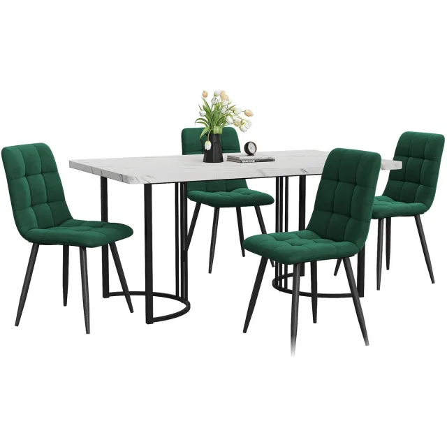 Merax 5-delig Eettafel Set - Moderne Keukentafel 140x80 cm met 4 Donkergroene Fluwelen Stoelen - Zwarte Metalen Poten en Witte MDF Tafelblad