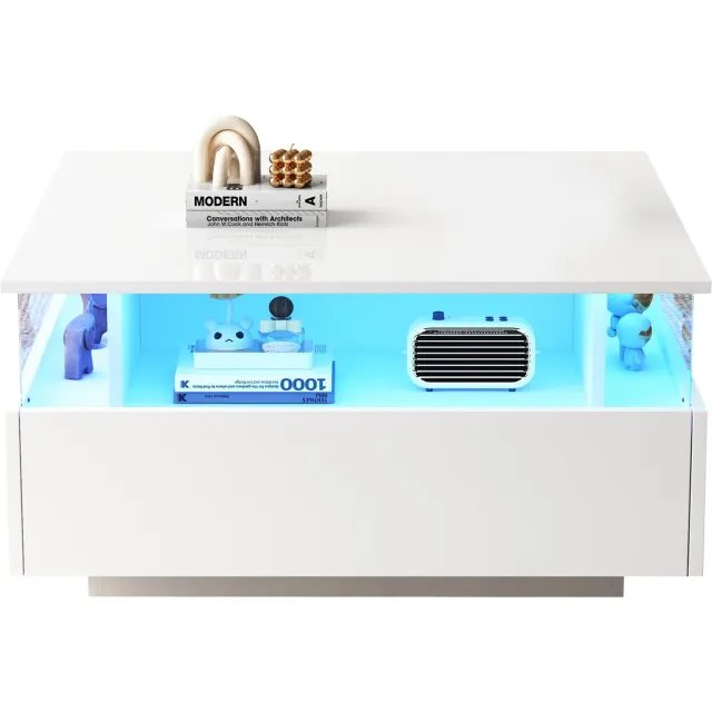 Ropilly Salontafel - Moderne koffietafel - App-gestuurde LED verlichting - 2 lades en vitrine - 30kg draagkracht - Voor de woonkamer - 70x70x41 cm - Wit