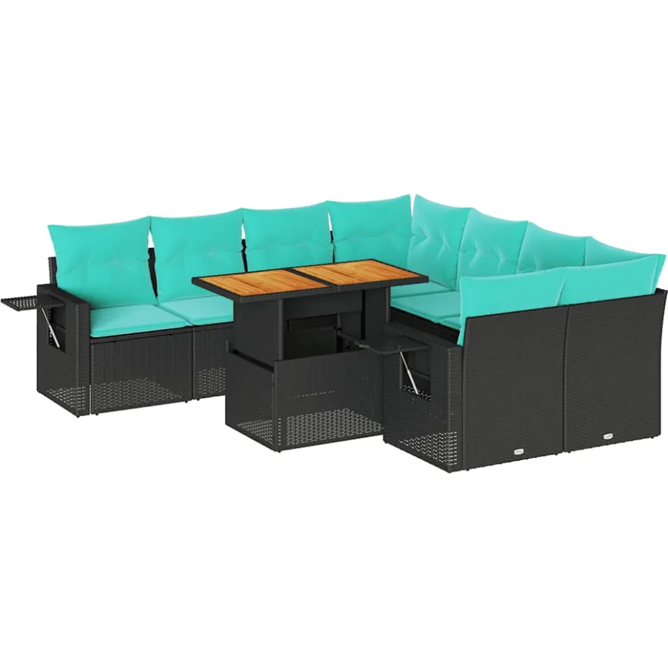 vidaXL 9-delige Loungeset met kussens poly rattan zwart, foto 3