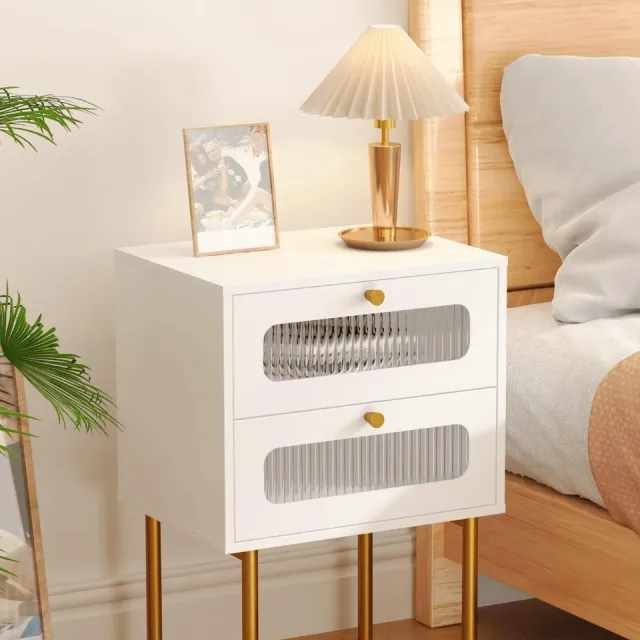 Unyqoos Modern Wit Nachtkastje met Gouden Poten en Prismaglazen Front