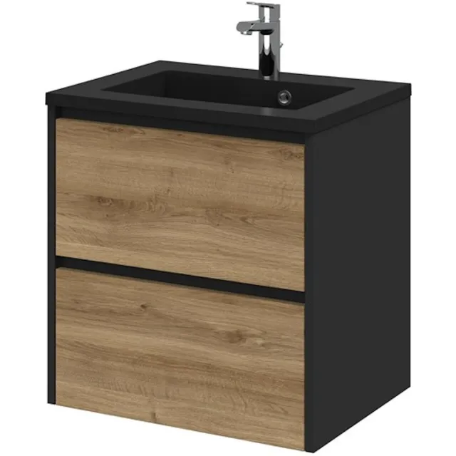 Tiger Reverse Meubelset 60 cm met 2 lades Chalet eik - Mat zwart incl Quadro wastafel Mat zwart - 800317 Eiken