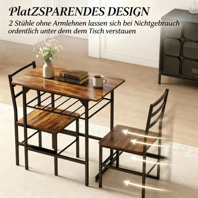 OKWISH Eettafel En Stoelen Set - 80 x 50 cm - Ruimtebesparend Met 2 Stoelen En Opbergplank - Voor Kleine Keuken Of Woonkamer - Metaal En Hout - Zwart Rustiek Bruin Black