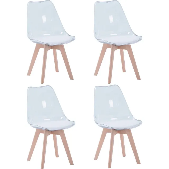 Hanimo Eetkamerstoelen Set Van 4 - Eetkamer Stoelen - Transparante Kuipstoelen - Scandinavisch - Modern - Gewatteerde Zitting - Beukenhouten Poten - Transparant&Wit Transparant/Wit