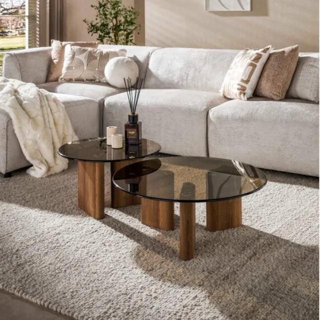 Meubelplaats Salontafel Tinto rond set van 2 - Brons glas Naturel