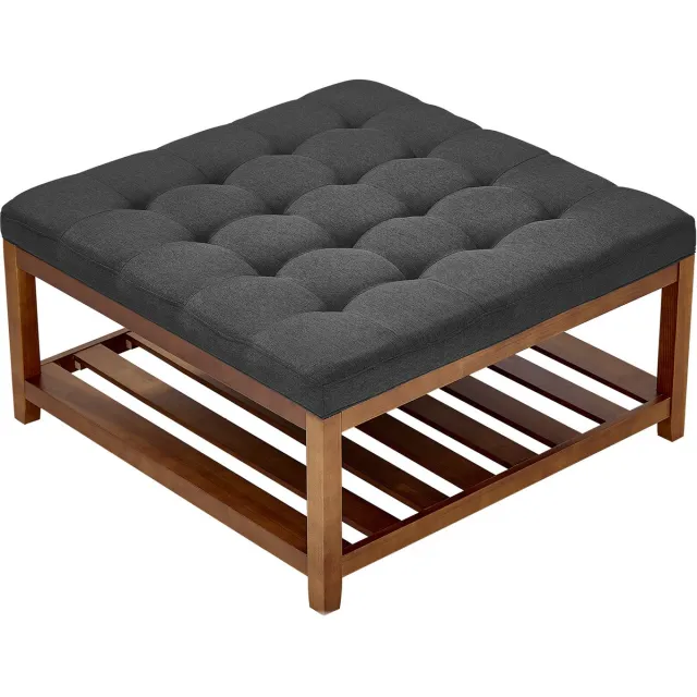 Vevor Vierkante Salontafel (875 X 875 X 445 Mm) Met Massief Houten Opbergplank, Massief Gestoffeerde Voetenbank Met Linnen Voetenbank voor Slaapkamer/Woonkamer, 181,44 Kg, Donkergrijs