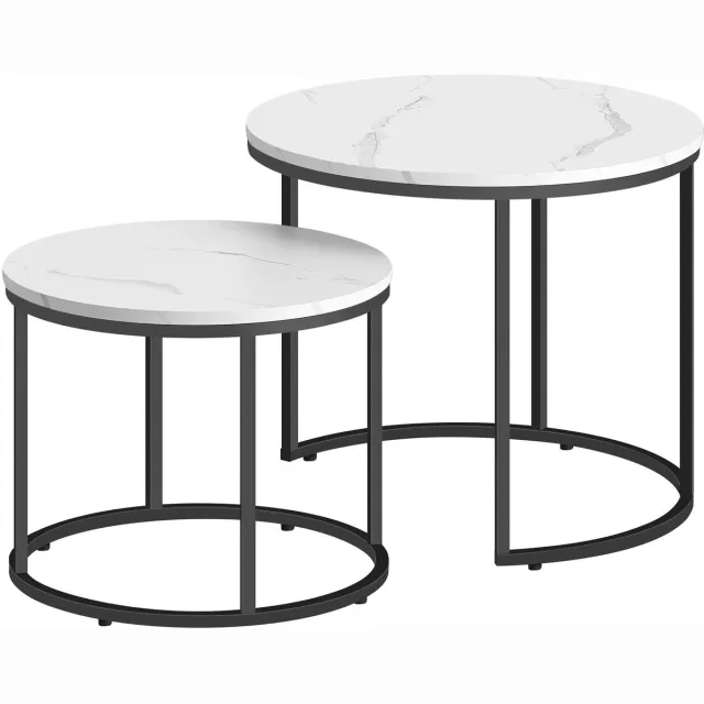 LEOBERT Salontafel Set – Rond – Marmerlook Blad – Zwart Metalen Frame Marmerlook/Zwart