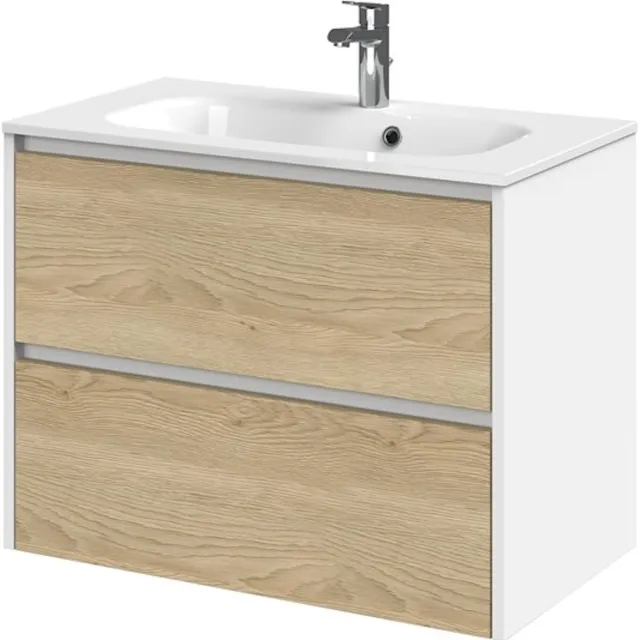 Tiger Reverse Meubelset 80 cm met 2 lades Naturel eik - Mat wit incl Oval wastafel Hoogglans wit - 800310 Eiken