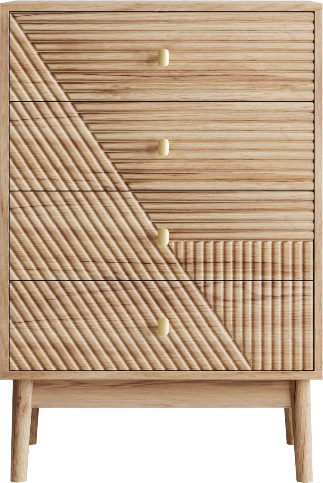 Ropilly Ladekast met vier lades - 60 x 40 x 90 cm - Ruime lades met metalen knoppen - MDF in eikenkleur - Voor slaapkamer, woonkamer of hal