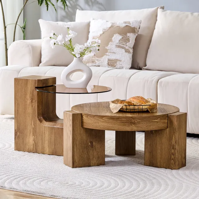 CHICFURN Salontafel 61 cm - 2-delig - Combineerbaar - Rond - Houtkleur