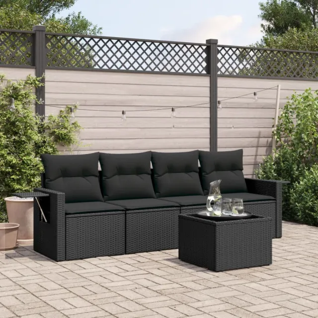 vidaXL 5-delige Loungeset met kussens poly rattan zwart, foto 2