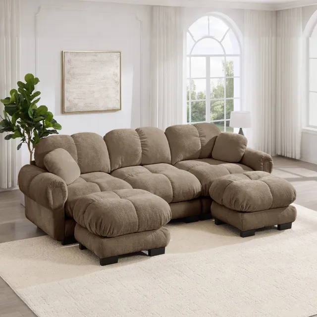 MODENUIT U-bank 260 x 149 x 90 cm - 3-zits met verplaatsbare ottomane en 2 sierkussens - Chenille - Bruin Brown