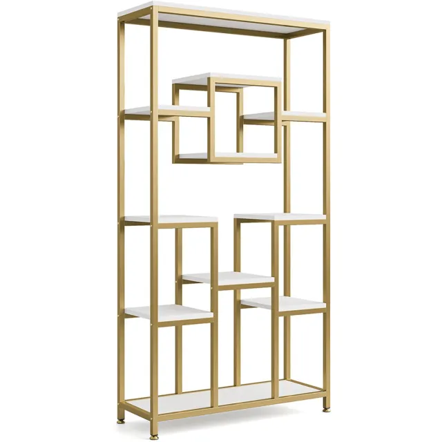 Pugsdrly Gouden boekenkast van 180 cm hoog, moderne boekenkast op poten met 11 open planken, hoge boekenkast voor de woonkamer, slaapkamer, thuiskantoor, goud en wit goud & wit