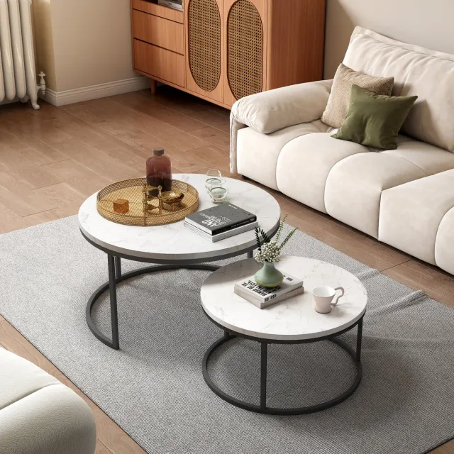 FloraGrace Set Van 2 Rond Salontafels - Stapelbaar - Verstelbare Voeten - MDF Tafelblad - Metaal Frame - 70×70×45 & 45×45×37 Cm - Wit