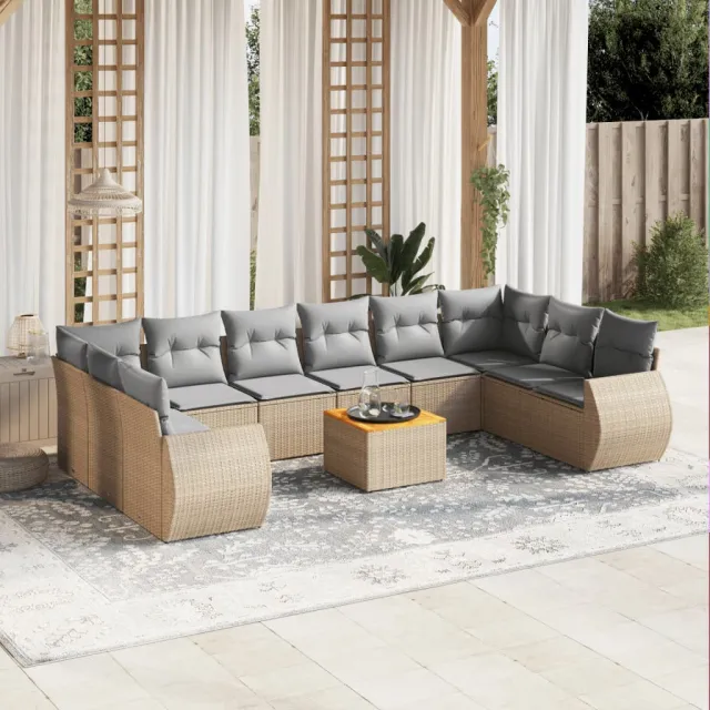 vidaXL 11-delige Tuinset met kussens poly rattan beige, foto 2