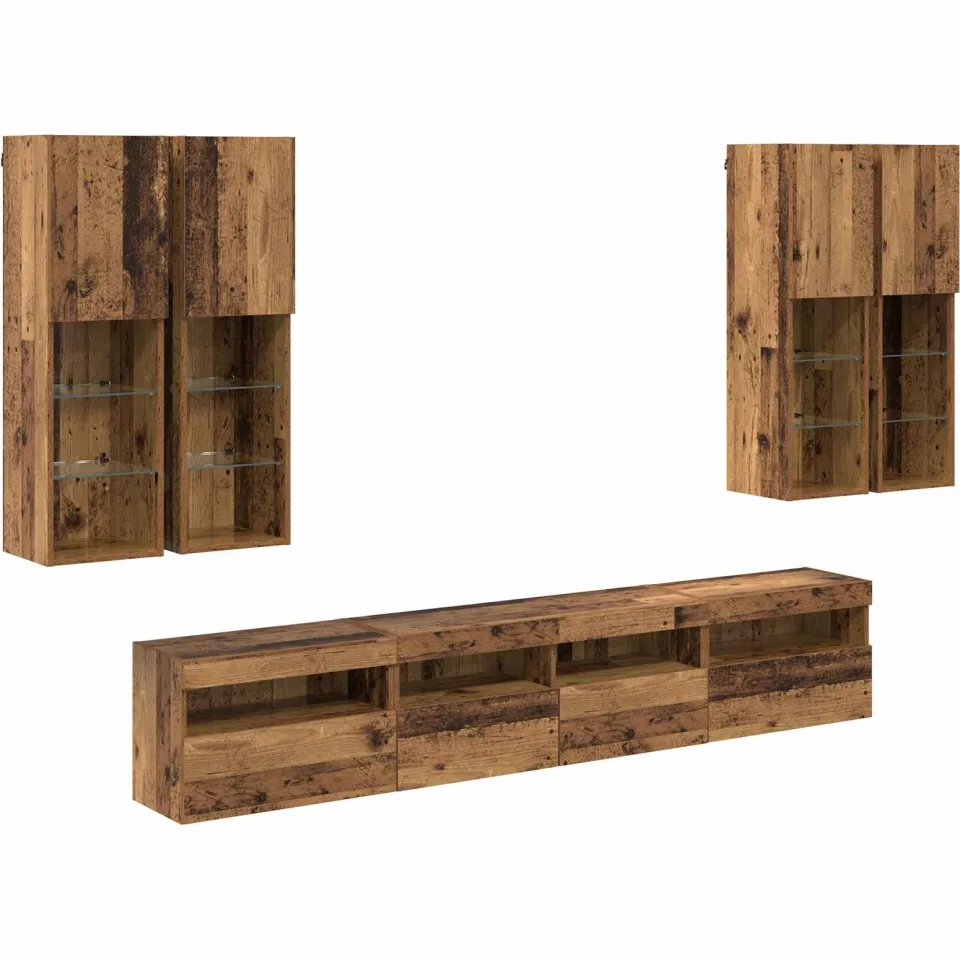 vidaXL TV Wandkast Set met LED Lichten 7 st 100 x 30 x 40 cm Oudhout bruin, foto 2