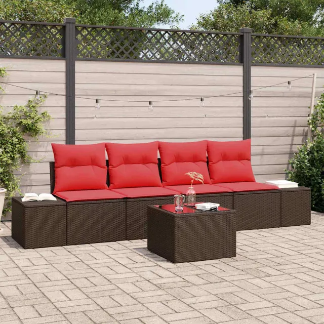 vidaXL Tuin Sofa Set 5 st Beige en Rood poly rattan Bruin