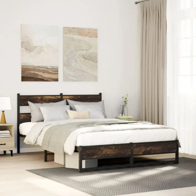 vidaXL Bedframe zonder matras metaal gerookt eikenkleurig 135x190 cm