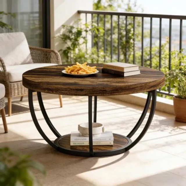 DESMIU Salontafel - Ronde 2-Laags Tafel Met Opbergplank - Modern Voor Woonkamer Of Kantoor - Hout En Metaal - 80x80x45 cm - Rustiek