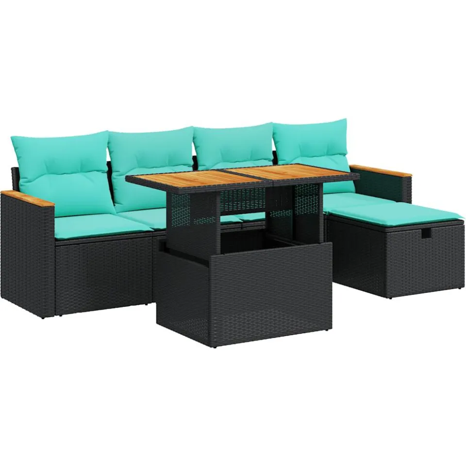 vidaXL 6-delige Loungeset met kussens poly rattan acacia zwart, foto 3