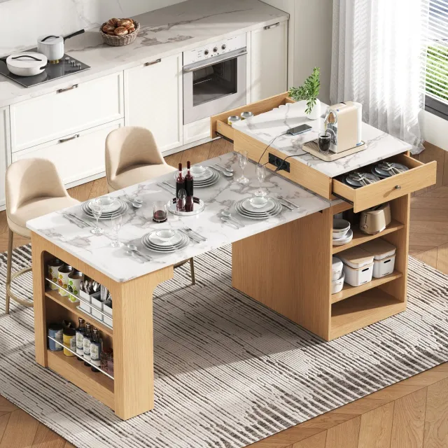 Wishdor Keukeneiland Met Uitschuifbare Eettafel En Stopcontacten - Modern - Voor Keuken En Eetkamer - MDF En Glas - Naturel Natuurlijk