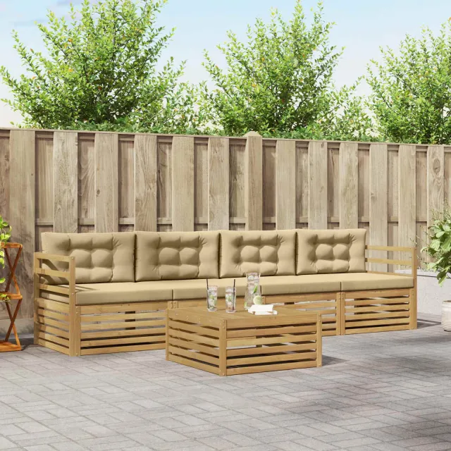vidaXL Buiten bankenset 5 st 4-zits Wit en Beige Massief Acaciahout