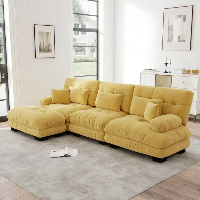 HAUSS SPOLE Hoekbank - Modulaire Cloud Bank - L-Vorm Met Verplaatsbare Hocker - Voor Woonkamer En Lounge - Chenille Geel