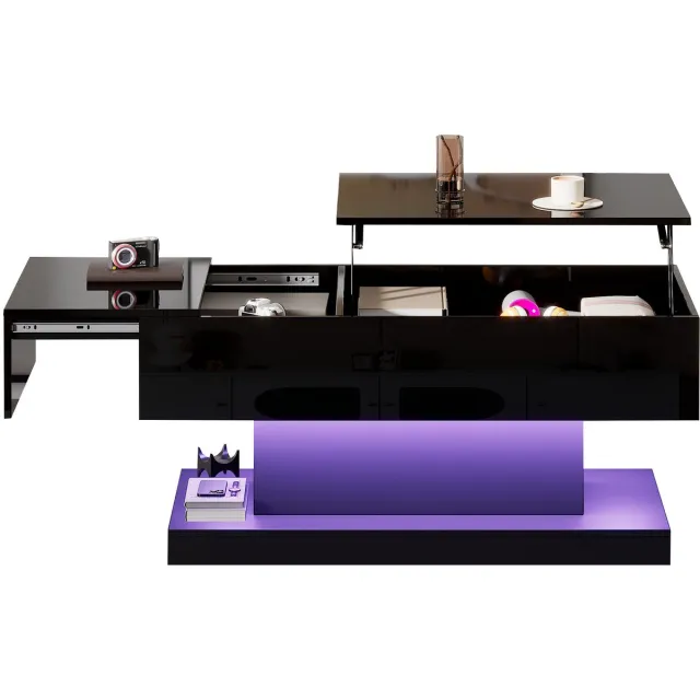 Merax Salontafel met Liftfunctie – 100x50x45 cm – Zwart Hoogglans – Met LED-verlichting - Opbergruimte & Hydraulisch Uitschuifblad