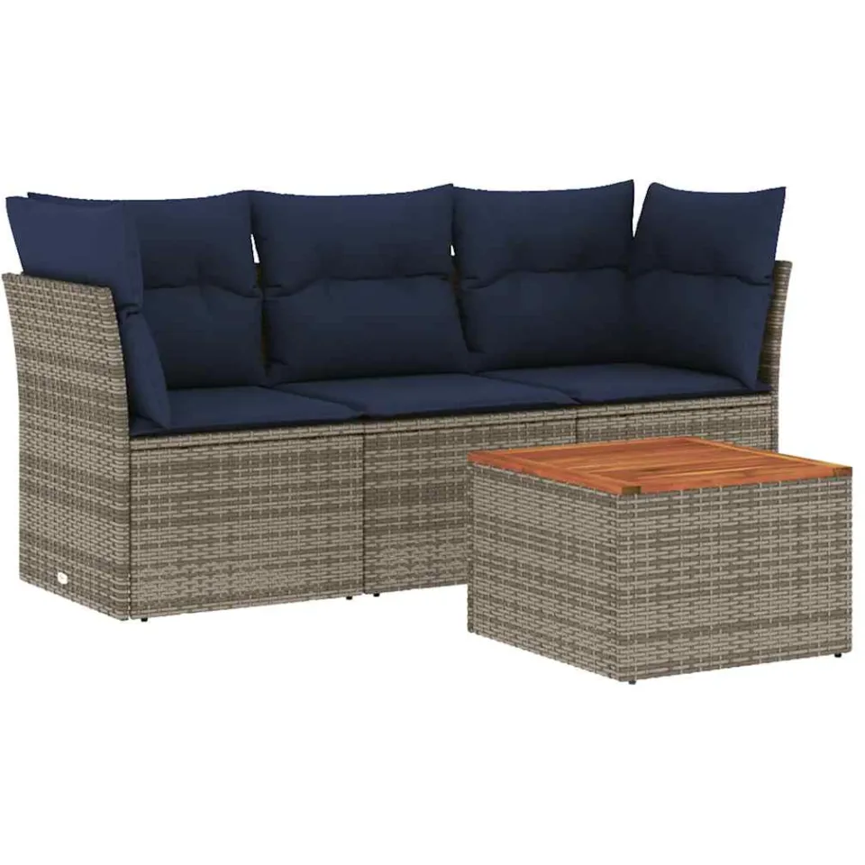 vidaXL 4-delige Loungeset met kussens poly rattan grijs, foto 3