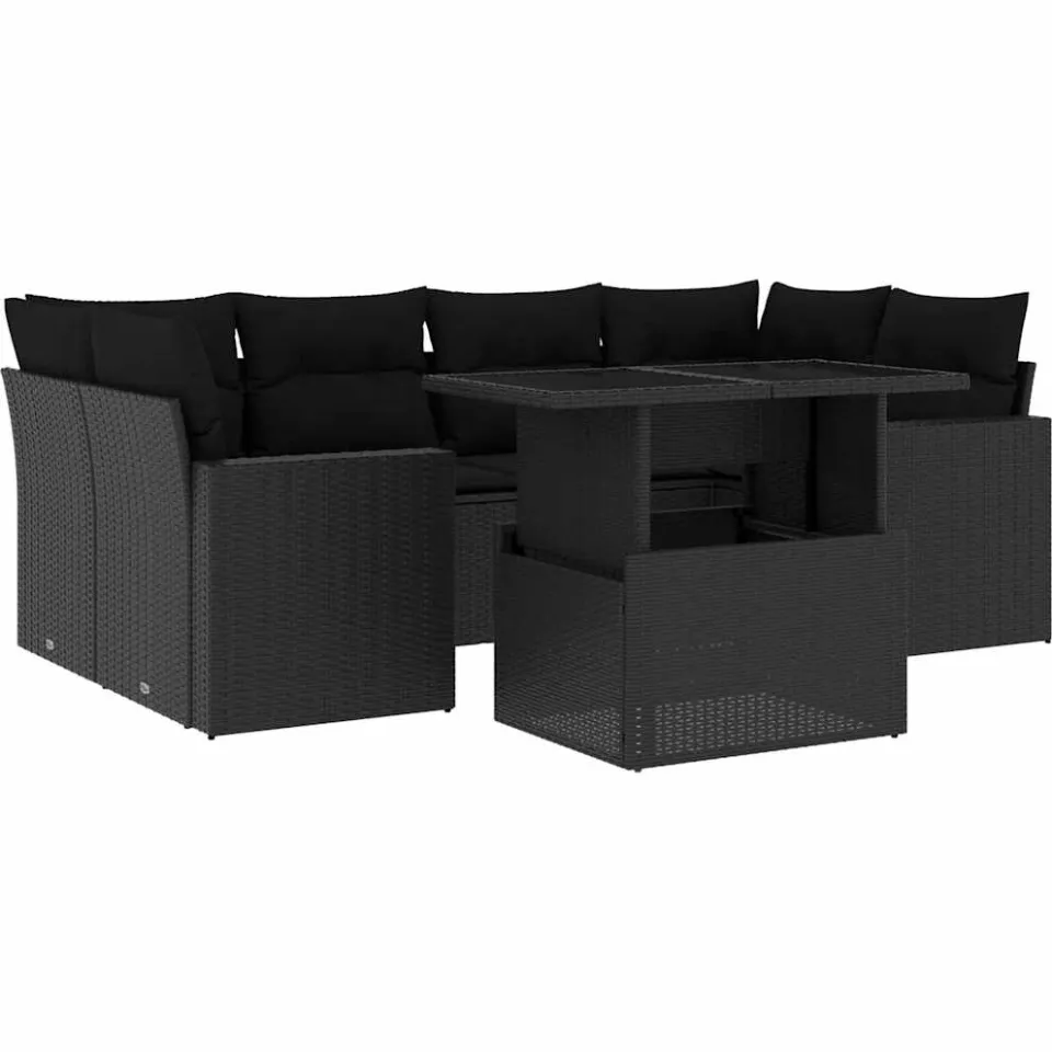 vidaXL 7-delige Loungeset met kussens poly rattan zwart, foto 3