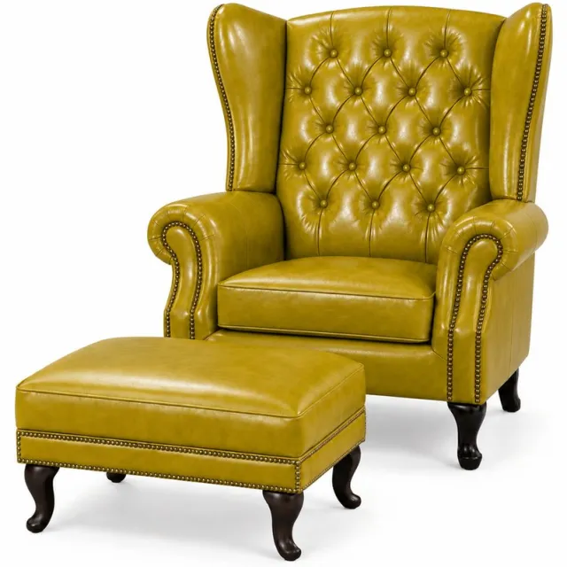 Nova Living Chesterfield Fauteuil + Hocker - Vintage Geel - Leer - Stoel Chesterfield - Arm Chair - Lounge Chair - Clubfauteuil - Relaxfauteuil - Loungestoel - Zetel