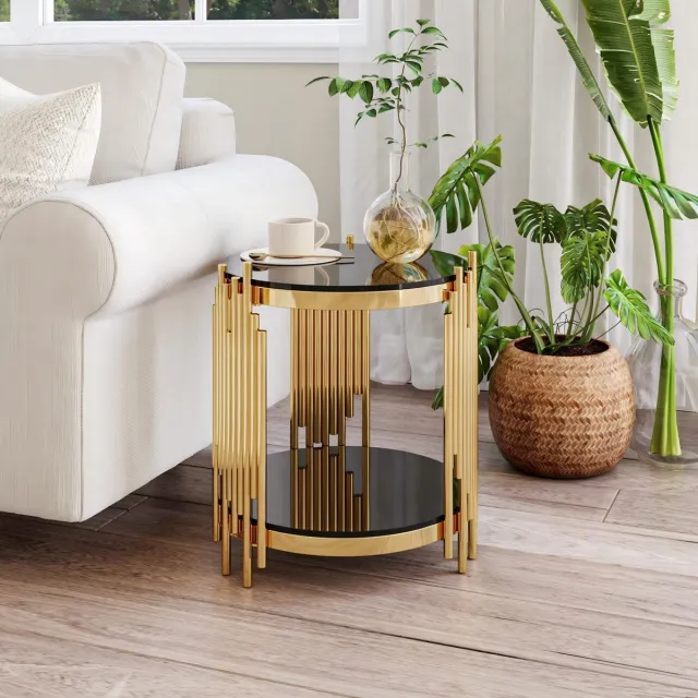 Wishdor Ronde Bijzettafel Met 2 Niveaus - Modern - Voor Woonkamer - Gehard Glas En Roestvrij Staal - Zwart En Goud Zwart+Goud