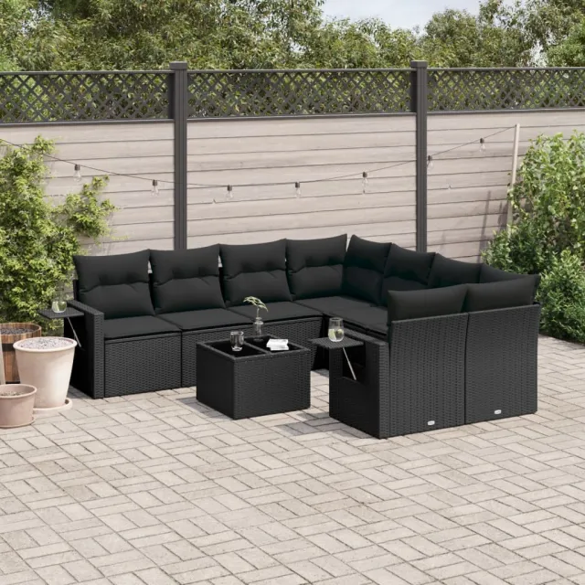 vidaXL 9-delige Loungeset met kussens poly rattan zwart, foto 2