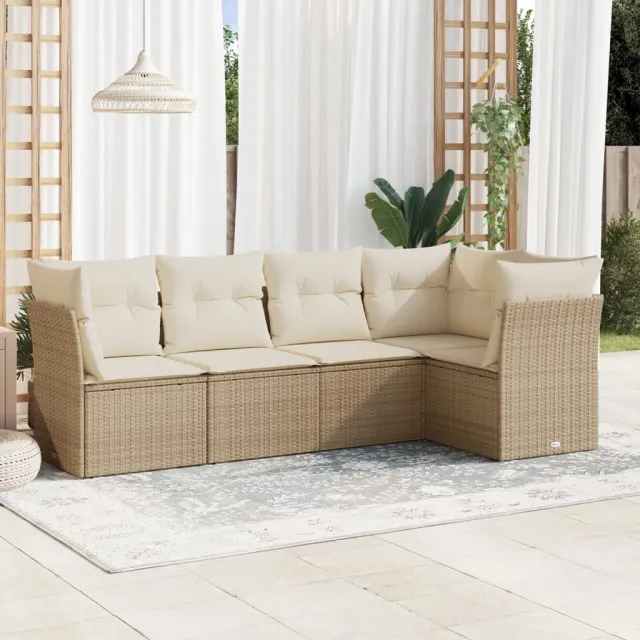 vidaXL 5-delige Loungeset met kussens poly rattan beige, foto 2